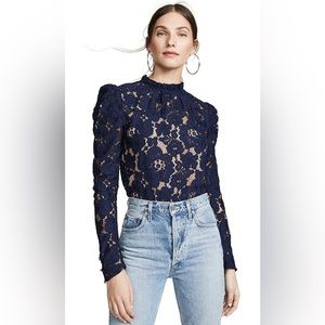 WAYF Erika Puff-Sleeve Lace Top XS - Navy Blue